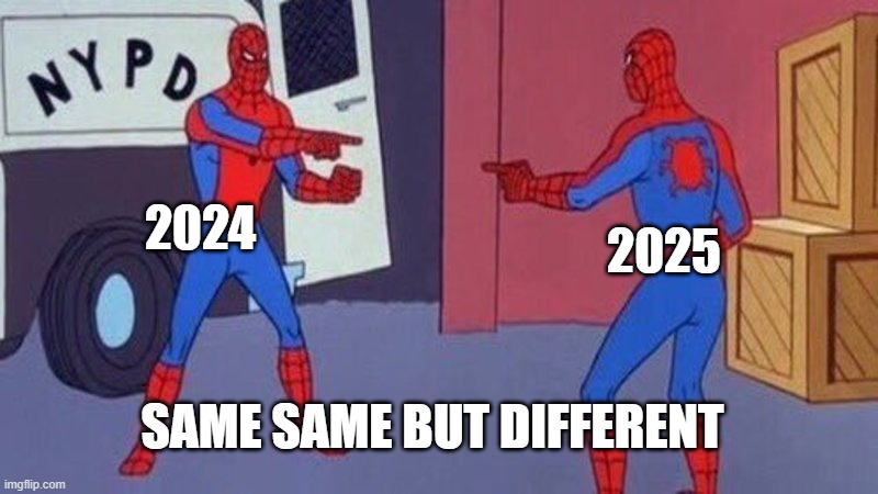 spiderman pointing at spiderman | 2024; 2025; SAME SAME BUT DIFFERENT | image tagged in spiderman pointing at spiderman,year,new year,2024,2025 | made w/ Imgflip meme maker