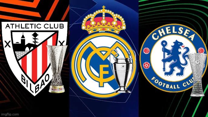 UPDATE: Champions League, Europa League and Conference League Winners 2024/2025 edition (PREDICTION/MOCK-UP) | image tagged in real madrid,chelsea,athletic bilbao,champions league,europa league,conference league | made w/ Imgflip meme maker