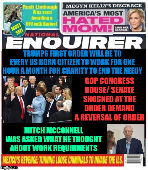 National Enquirer Trump work requirements for US born | TRUMPS FIRST ORDER WILL BE TO EVERY US BORN CITIZEN TO WORK FOR ONE HOUR A MONTH FOR CHARITY TO END THE NEEDY; GOP CONGRESS HOUSE/ SENATE SHOCKED AT THE ORDER DEMAND A REVERSAL OF ORDER; MITCH MCCONNELL WAS ASKED WHAT HE THOUGHT ABOUT WORK REQUIRMENTS | image tagged in national enquirer trump work requirements for us born,trump forced charity,mcconnell froze again,trump parts with gop | made w/ Imgflip meme maker