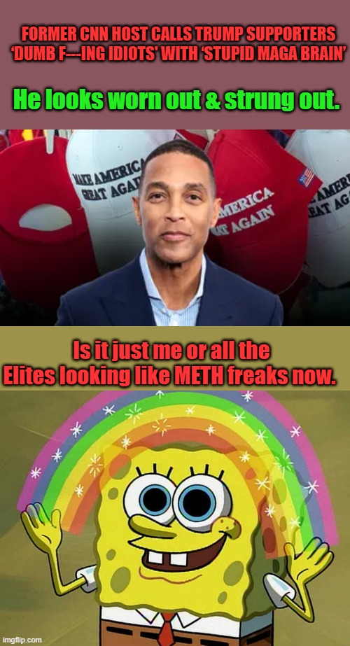 FORMER CNN HOST CALLS TRUMP SUPPORTERS ‘DUMB F---ING IDIOTS' WITH ‘STUPID MAGA BRAIN’; He looks worn out & strung out. Is it just me or all the Elites looking like METH freaks now. | image tagged in memes,imagination spongebob | made w/ Imgflip meme maker