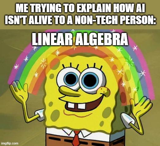 Trying to explain AI be like: | ME TRYING TO EXPLAIN HOW AI ISN'T ALIVE TO A NON-TECH PERSON:; LINEAR ALGEBRA | image tagged in memes,imagination spongebob | made w/ Imgflip meme maker