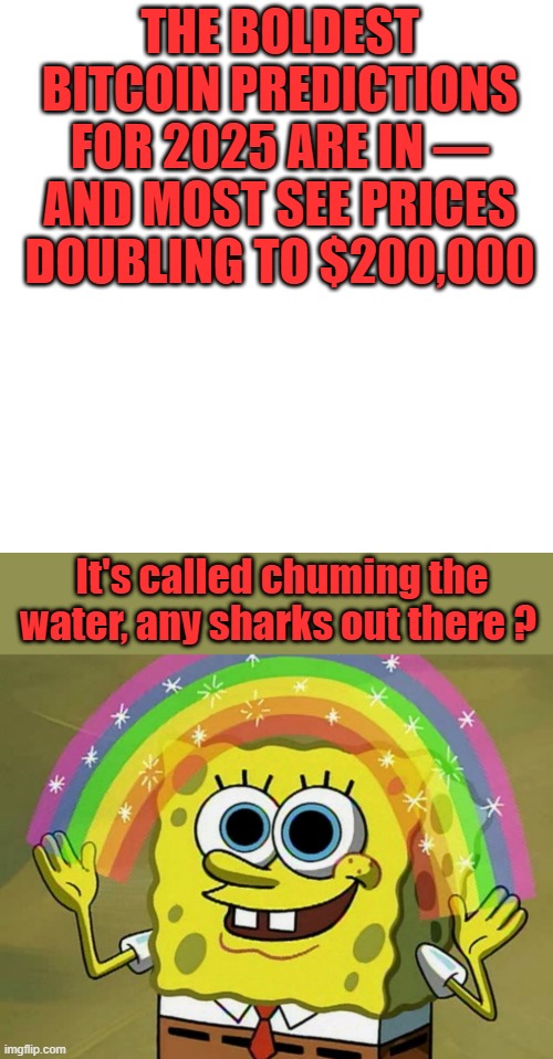 THE BOLDEST BITCOIN PREDICTIONS FOR 2025 ARE IN — AND MOST SEE PRICES DOUBLING TO $200,000; It's called chuming the water, any sharks out there ? | image tagged in memes,blank transparent square,imagination spongebob | made w/ Imgflip meme maker