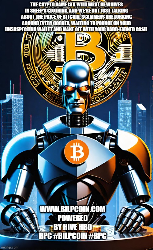 THE CRYPTO GAME IS A WILD WEST OF WOLVES IN SHEEP'S CLOTHING, AND WE'RE NOT JUST TALKING ABOUT THE PRICE OF BITCOIN. SCAMMERS ARE LURKING AROUND EVERY CORNER, WAITING TO POUNCE ON YOUR UNSUSPECTING WALLET AND MAKE OFF WITH YOUR HARD-EARNED CASH; WWW.BILPCOIN.COM POWERED BY HIVE HBD BPC #BILPCOIN #BPC | made w/ Imgflip meme maker
