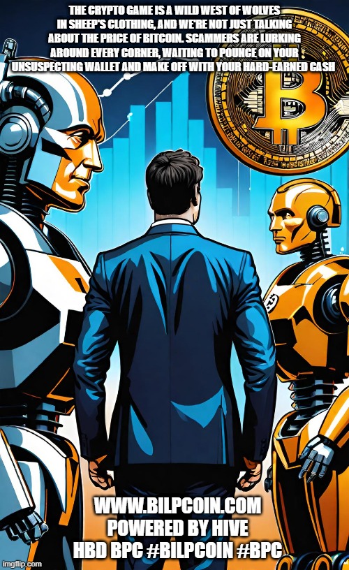 THE CRYPTO GAME IS A WILD WEST OF WOLVES IN SHEEP'S CLOTHING, AND WE'RE NOT JUST TALKING ABOUT THE PRICE OF BITCOIN. SCAMMERS ARE LURKING AROUND EVERY CORNER, WAITING TO POUNCE ON YOUR UNSUSPECTING WALLET AND MAKE OFF WITH YOUR HARD-EARNED CASH; WWW.BILPCOIN.COM POWERED BY HIVE HBD BPC #BILPCOIN #BPC | made w/ Imgflip meme maker