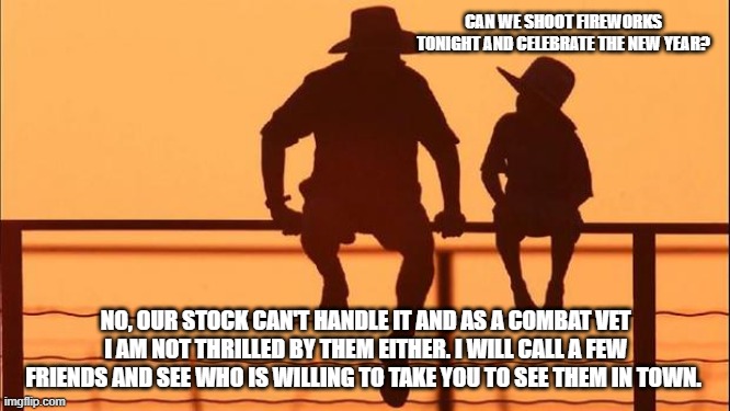 Cowboy Wisdom, consider alternatives when people ask for help | CAN WE SHOOT FIREWORKS TONIGHT AND CELEBRATE THE NEW YEAR? NO, OUR STOCK CAN'T HANDLE IT AND AS A COMBAT VET I AM NOT THRILLED BY THEM EITHER. I WILL CALL A FEW FRIENDS AND SEE WHO IS WILLING TO TAKE YOU TO SEE THEM IN TOWN. | image tagged in cowboy father and son,consider alternatives,happy new year,cowboy wisdom,fireworks,respect children and help them grow | made w/ Imgflip meme maker