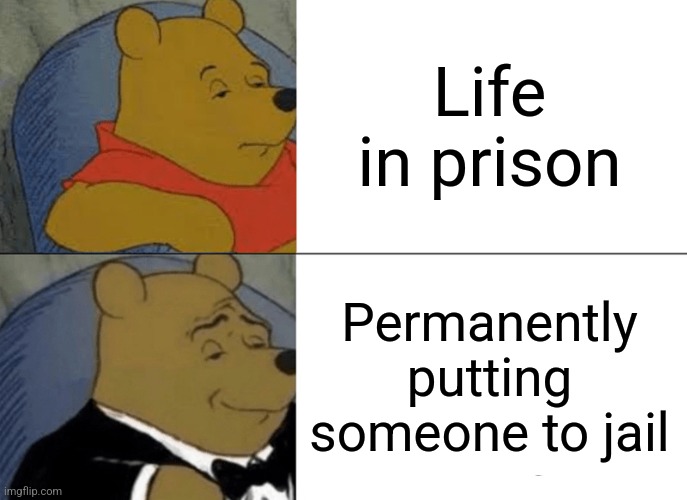 Tuxedo Winnie The Pooh Meme | Life in prison; Permanently putting someone to jail | image tagged in memes,tuxedo winnie the pooh | made w/ Imgflip meme maker