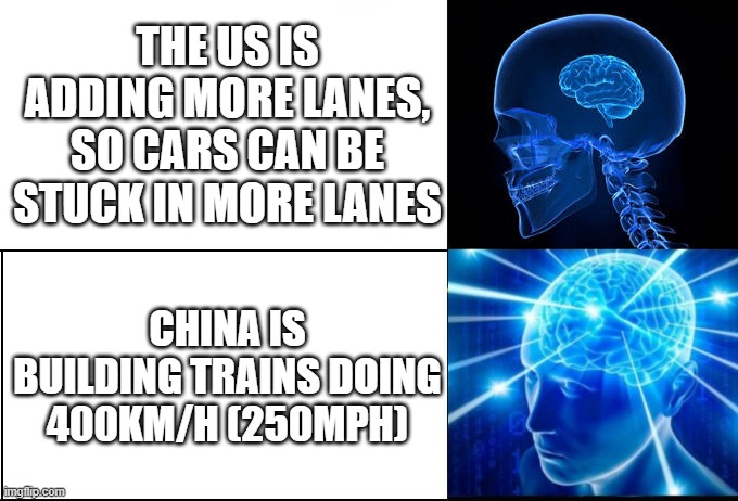 Galaxy Brain (2 brains) | THE US IS ADDING MORE LANES, SO CARS CAN BE STUCK IN MORE LANES; CHINA IS BUILDING TRAINS DOING 400KM/H (250MPH) | image tagged in galaxy brain 2 brains | made w/ Imgflip meme maker