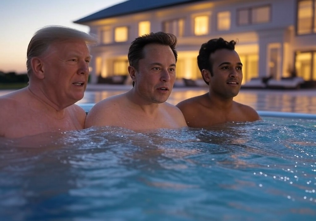 Donald Trump, Elon Musk, Vivek Ramaswamy swimming pool oligarchy Blank Meme Template