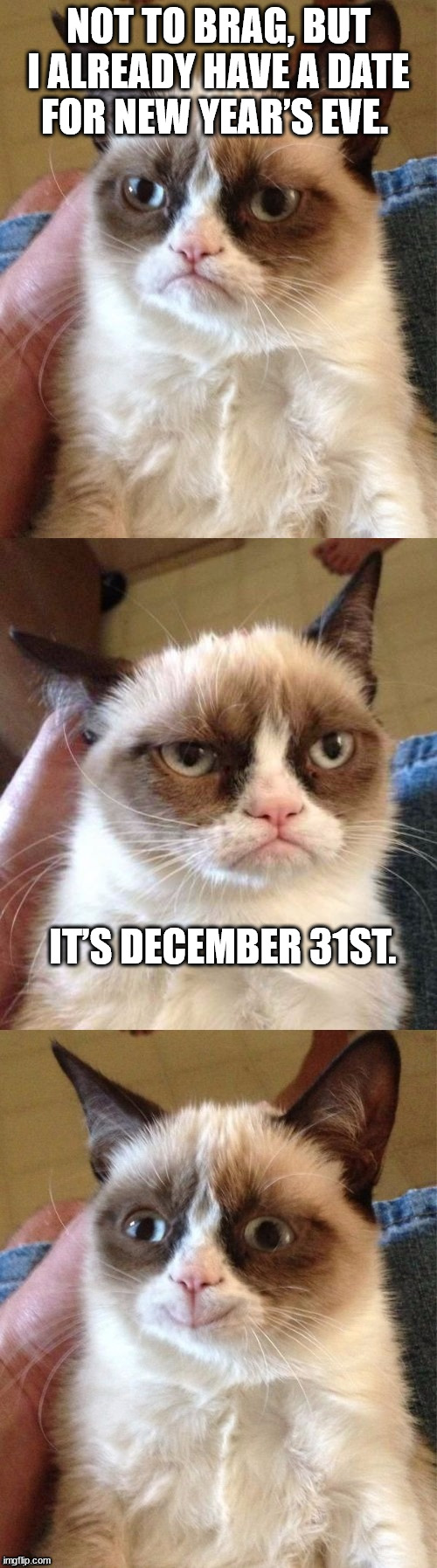 Happy New Pun! | NOT TO BRAG, BUT I ALREADY HAVE A DATE FOR NEW YEAR’S EVE. IT’S DECEMBER 31ST. | image tagged in bad pun grumpy cat | made w/ Imgflip meme maker