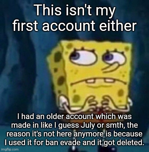 spoongeboob | This isn't my first account either; I had an older account which was made in like I guess July or smth, the reason it's not here anymore is because I used it for ban evade and it got deleted. | image tagged in spoongeboob | made w/ Imgflip meme maker