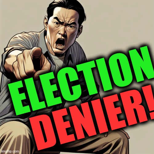 Yelling pointing at me | ELECTION DENIER! | image tagged in yelling pointing at me | made w/ Imgflip meme maker