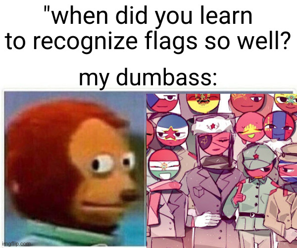 hi I'm new here :) (I like CH :D) | "when did you learn to recognize flags so well? my dumbass: | image tagged in memes,monkey puppet | made w/ Imgflip meme maker