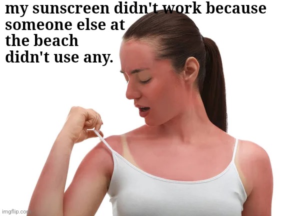 my sunscreen didn't work because
someone else at
the beach
didn't use any. | made w/ Imgflip meme maker