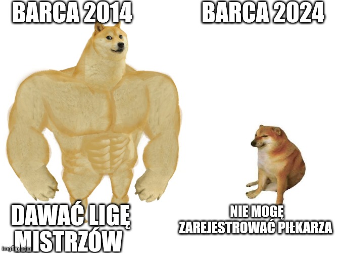 Big dog small dog | BARCA 2014; BARCA 2024; NIE MOGĘ ZAREJESTROWAĆ PIŁKARZA; DAWAĆ LIGĘ MISTRZÓW | image tagged in big dog small dog | made w/ Imgflip meme maker