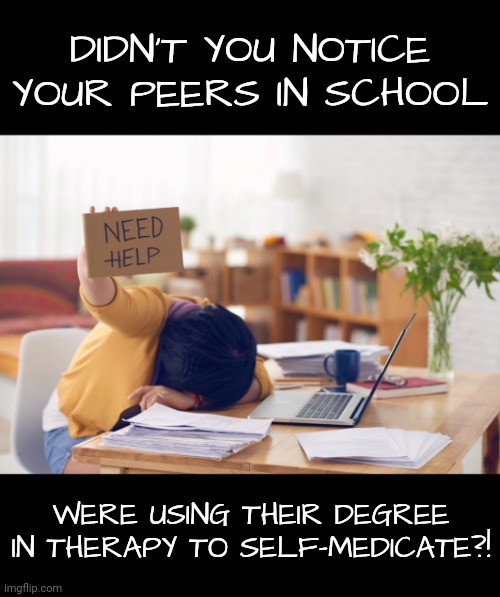 DIDN'T YOU NOTICE YOUR PEERS IN SCHOOL WERE USING THEIR DEGREE IN THERAPY TO SELF-MEDICATE?! | made w/ Imgflip meme maker