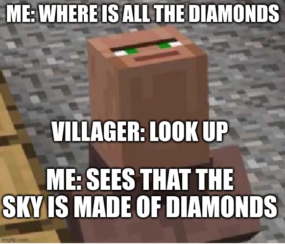 bro wait a minute | ME: WHERE IS ALL THE DIAMONDS; VILLAGER: LOOK UP; ME: SEES THAT THE SKY IS MADE OF DIAMONDS | image tagged in minecraft villager looking up | made w/ Imgflip meme maker