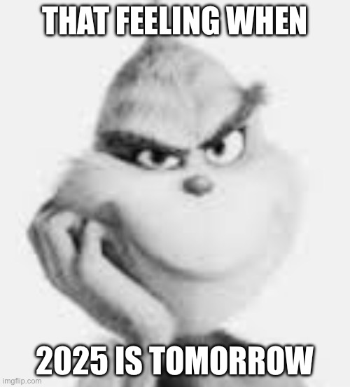 white grinch | THAT FEELING WHEN; 2025 IS TOMORROW | image tagged in white grinch | made w/ Imgflip meme maker