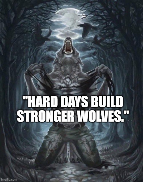 wofl | "HARD DAYS BUILD STRONGER WOLVES." | image tagged in wolf ripping shirt,the most interesting man in the world | made w/ Imgflip meme maker