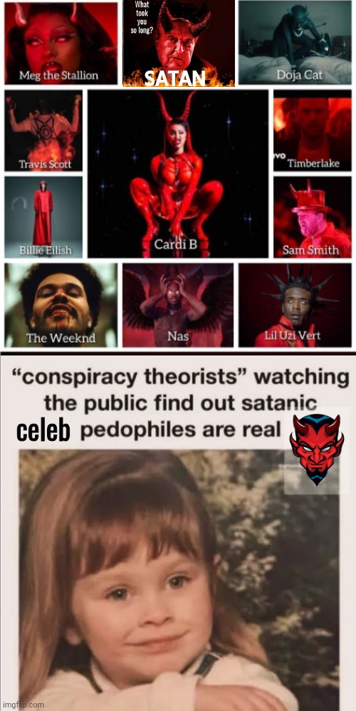 Conspiracy Theorists vs Satanic Celebrities | SATAN; celeb | image tagged in conspiracy theory,satanism,truth | made w/ Imgflip meme maker