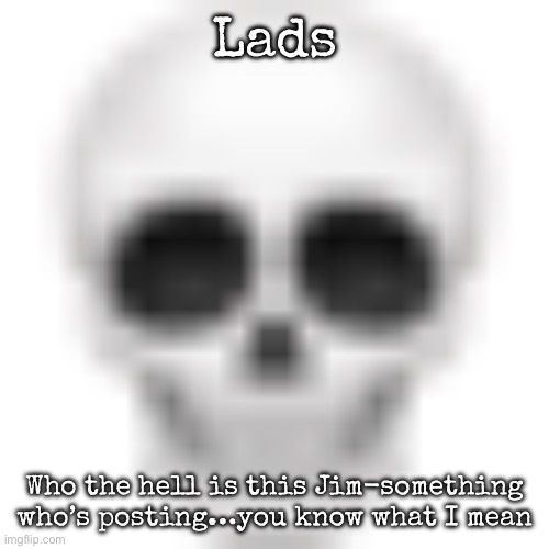 What or who the hell is posting that | Lads; Who the hell is this Jim-something who’s posting…you know what I mean | image tagged in skull emoji,msmg | made w/ Imgflip meme maker