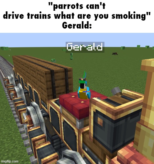 "parrots can't drive trains what are you smoking"
Gerald: | made w/ Imgflip meme maker