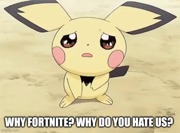 Sad pichu | WHY FORTNITE? WHY DO YOU HATE US? | image tagged in sad pichu | made w/ Imgflip meme maker