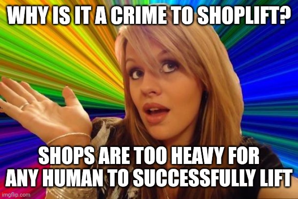 Dumb Blonde Meme | WHY IS IT A CRIME TO SHOPLIFT? SHOPS ARE TOO HEAVY FOR ANY HUMAN TO SUCCESSFULLY LIFT | image tagged in memes,dumb blonde | made w/ Imgflip meme maker