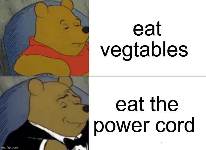 Tuxedo Winnie The Pooh | eat vegtables; eat the power cord | image tagged in memes,tuxedo winnie the pooh | made w/ Imgflip meme maker