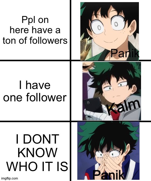 Panik Deku | Ppl on here have a ton of followers; I have one follower; I DONT KNOW WHO IT IS | image tagged in panik deku | made w/ Imgflip meme maker