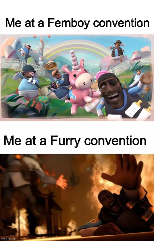 I would be Pyro of course | Me at a Femboy convention; Me at a Furry convention | made w/ Imgflip meme maker