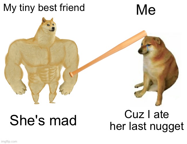 Buff Doge vs. Cheems | My tiny best friend; Me; She's mad; Cuz I ate her last nugget | image tagged in memes,buff doge vs cheems | made w/ Imgflip meme maker