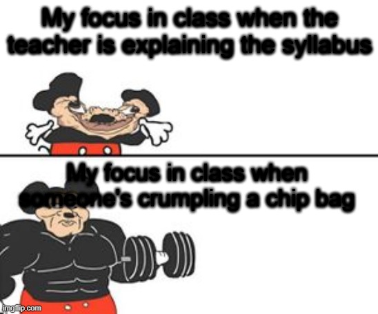 Buff Mokey | My focus in class when the teacher is explaining the syllabus; My focus in class when someone's crumpling a chip bag | image tagged in buff mokey | made w/ Imgflip meme maker