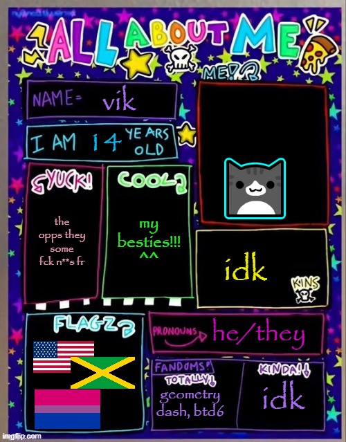 All about me! (Og temp by Jade) | vik; 14; my besties!!! ^^; the opps they some fck n**s fr; idk; he/they; geometry dash, btd6; idk | image tagged in all about me og temp by jade | made w/ Imgflip meme maker