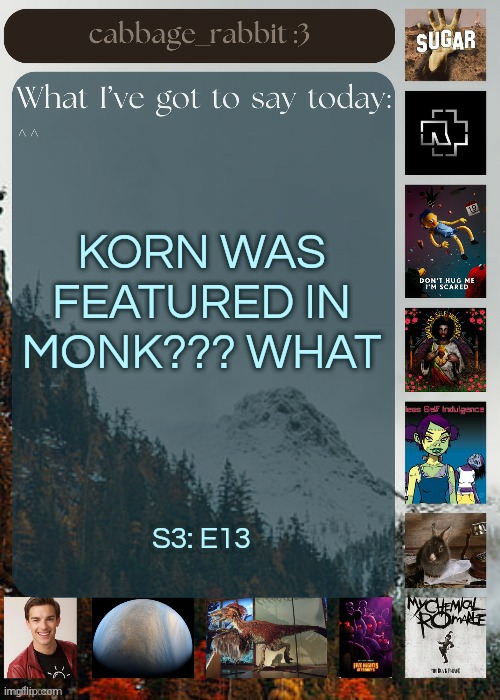 how did I not know this | KORN WAS FEATURED IN MONK??? WHAT; S3: E13 | image tagged in cabbage_rabbit | made w/ Imgflip meme maker