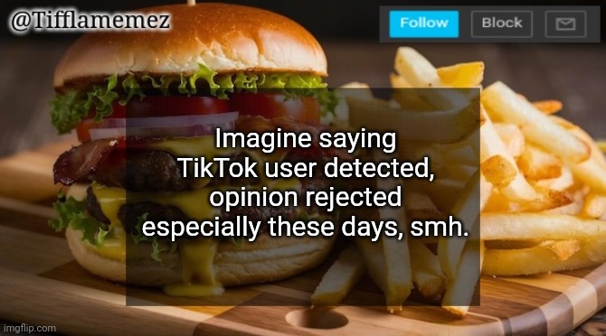 Not me and others definitely | Imagine saying TikTok user detected, opinion rejected especially these days, smh. | image tagged in tifflamemez burger and fries announcement template,keep that all the way in 2020 smh | made w/ Imgflip meme maker