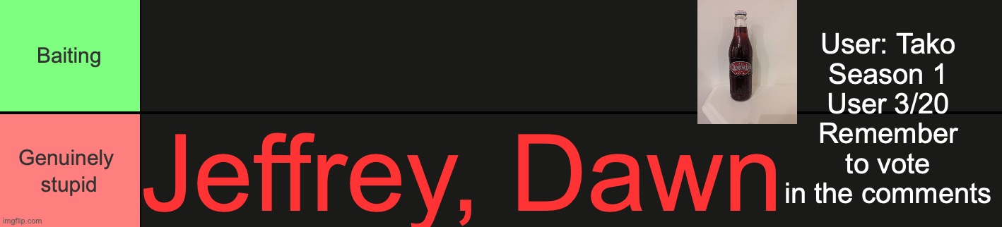 Remember to suggest more hated users | User: Tako
Season 1
User 3/20
Remember to vote in the comments; Jeffrey, Dawn | image tagged in bait or genuine stupidity fixed | made w/ Imgflip meme maker