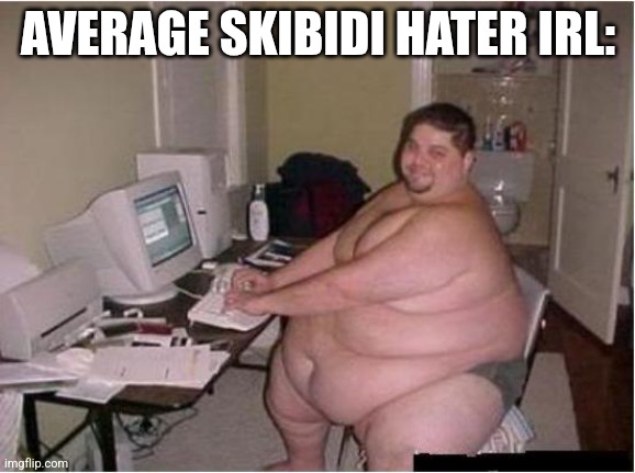 really fat guy on computer | AVERAGE SKIBIDI HATER IRL: | image tagged in really fat guy on computer | made w/ Imgflip meme maker