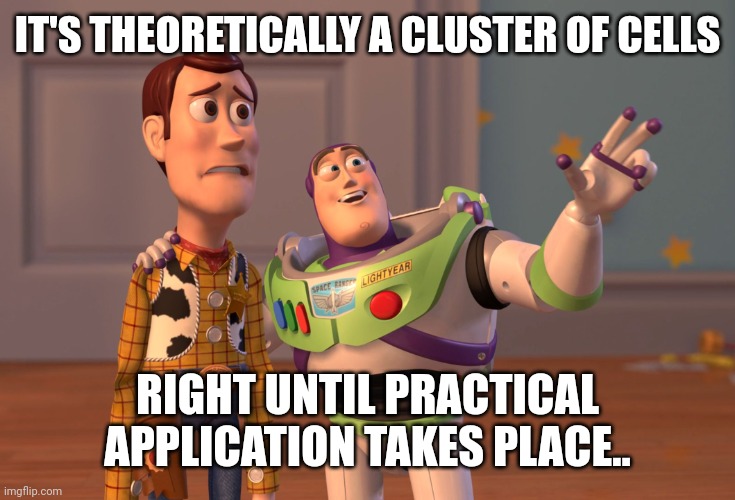 X, X Everywhere Meme | IT'S THEORETICALLY A CLUSTER OF CELLS RIGHT UNTIL PRACTICAL APPLICATION TAKES PLACE.. | image tagged in memes,x x everywhere | made w/ Imgflip meme maker