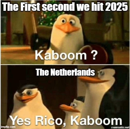 The Netherlands during new years day be like | The First second we hit 2025; The Netherlands | image tagged in kaboom yes rico kaboom,the netherlands,fireworks,netherlands,dutch | made w/ Imgflip meme maker