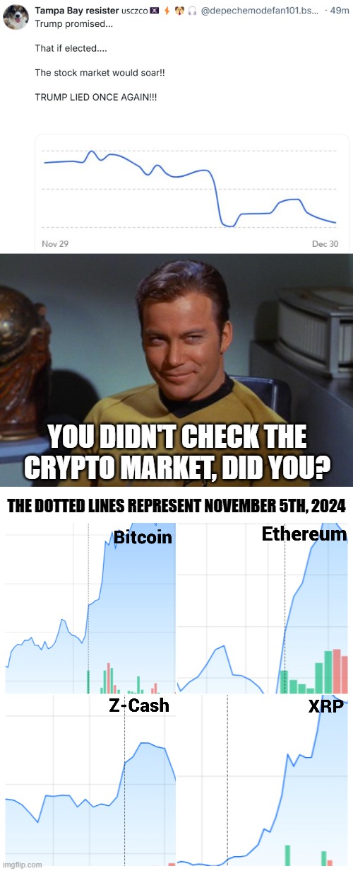 Always do the research first. | YOU DIDN'T CHECK THE CRYPTO MARKET, DID YOU? THE DOTTED LINES REPRESENT NOVEMBER 5TH, 2024 | image tagged in kirk smirk,blank white template | made w/ Imgflip meme maker