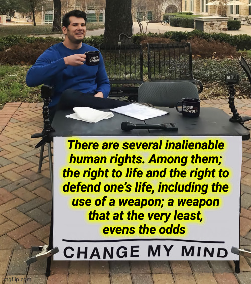 There are several inalienable human rights. Among them; the right to life ... | There are several inalienable
human rights. Among them;
the right to life and the right to
defend one's life, including the
use of a weapon; a weapon
that at the very least,
evens the odds | image tagged in change my mind tilt-corrected,gun control,2nd amendment | made w/ Imgflip meme maker