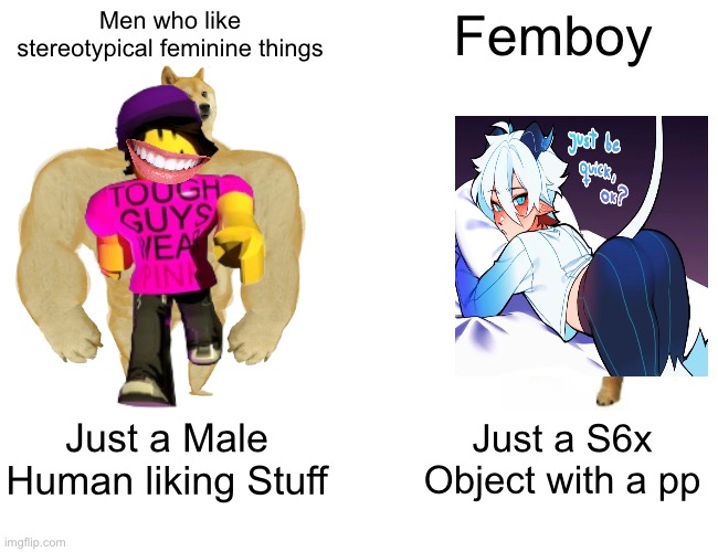 Liking Stereotypical feminine things doesn't make you a femboy | Men who like stereotypical feminine things; Femboy; Just a Male Human liking Stuff; Just a S6x Object with a pp | image tagged in memes,buff doge vs cheems,femboy,fetish,truth,know the difference | made w/ Imgflip meme maker