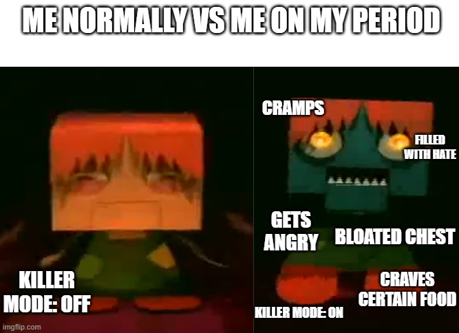 character is Lost Doll from Gregory Horror Show | ME NORMALLY VS ME ON MY PERIOD; CRAMPS; FILLED WITH HATE; GETS ANGRY; BLOATED CHEST; KILLER MODE: OFF; CRAVES CERTAIN FOOD; KILLER MODE: ON | image tagged in gregory horror show,ghs,period | made w/ Imgflip meme maker