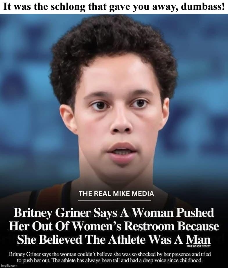 It was the schlong that gave you away, dumbass! | image tagged in britney griner,transgender bathroom,tired of hearing about transgenders,schlong,bathroom humor,full retard | made w/ Imgflip meme maker