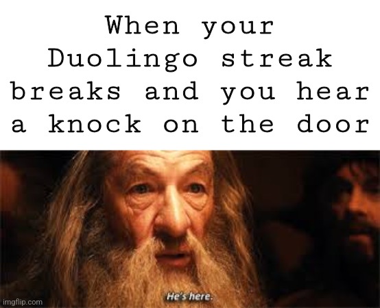 Run | When your Duolingo streak breaks and you hear a knock on the door | image tagged in he's here,duolingo,run | made w/ Imgflip meme maker