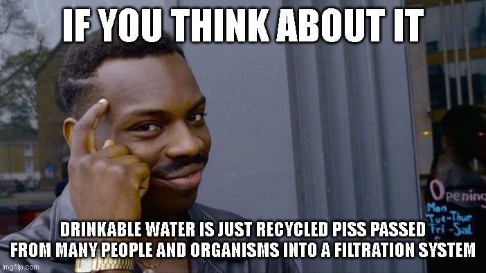 Water | IF YOU THINK ABOUT IT; DRINKABLE WATER IS JUST RECYCLED PISS PASSED FROM MANY PEOPLE AND ORGANISMS INTO A FILTRATION SYSTEM | image tagged in memes,roll safe think about it | made w/ Imgflip meme maker