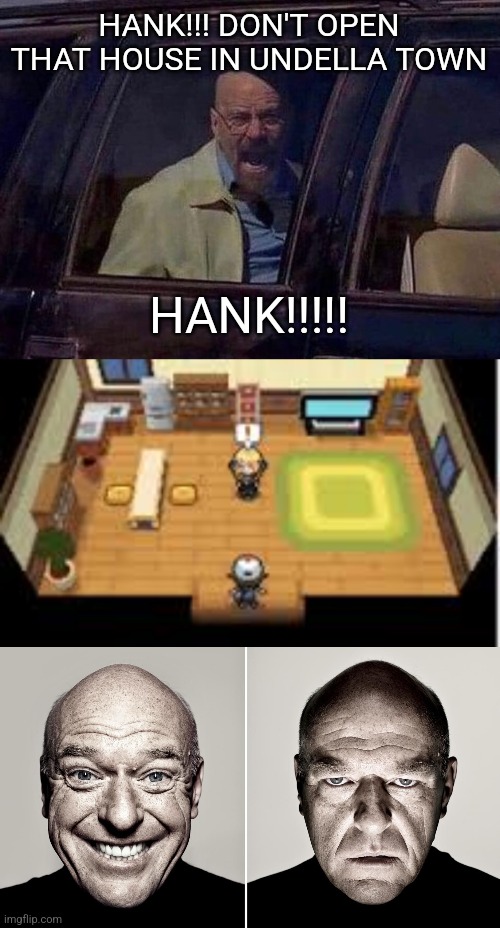 those who know | HANK!!! DON'T OPEN THAT HOUSE IN UNDELLA TOWN; HANK!!!!! | image tagged in walter white screaming at hank,dean norris's reaction | made w/ Imgflip meme maker