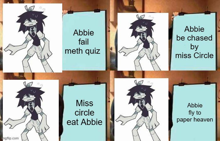 Gru's Plan | Abbie fail meth quiz; Abbie be chased by miss Circle; Miss circle eat Abbie; Abbie fly to paper heaven | image tagged in memes,gru's plan | made w/ Imgflip meme maker