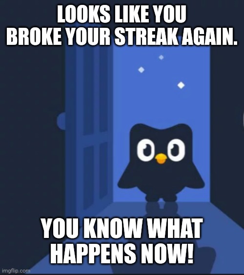 Duolingo bird | LOOKS LIKE YOU BROKE YOUR STREAK AGAIN. YOU KNOW WHAT HAPPENS NOW! | image tagged in duolingo bird | made w/ Imgflip meme maker