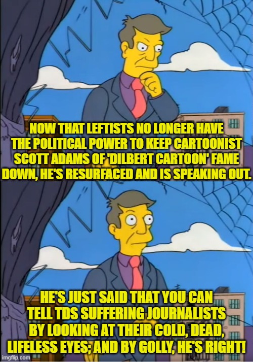 Destroying Scott Adam's cartoonist's career only set him free to devote lots of time to the Left. | NOW THAT LEFTISTS NO LONGER HAVE THE POLITICAL POWER TO KEEP CARTOONIST SCOTT ADAMS OF 'DILBERT CARTOON' FAME DOWN, HE'S RESURFACED AND IS SPEAKING OUT. HE'S JUST SAID THAT YOU CAN TELL TDS SUFFERING JOURNALISTS BY LOOKING AT THEIR COLD, DEAD, LIFELESS EYES; AND BY GOLLY, HE'S RIGHT! | image tagged in skinner out of touch | made w/ Imgflip meme maker